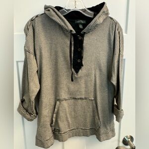 LRL Lauren Jeans Co. Womens L 1/4 Button Pullover Hoodie Black White Striped